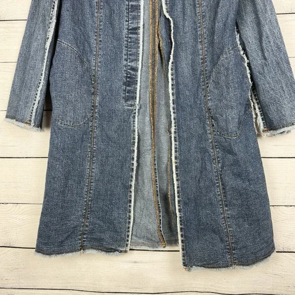 Vintage Y2K Long Denim Jacket Open Frayed Seams Bell Sleeve Women's Large Retro - Picture 3 of 8